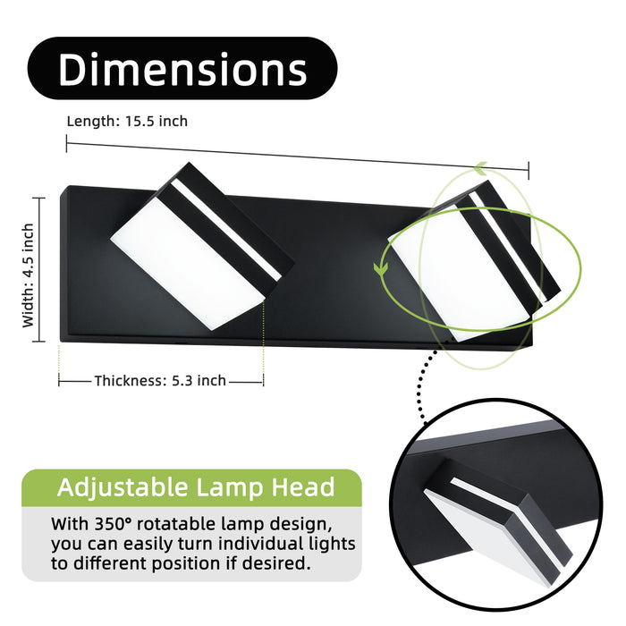 LED Modern Black Bathroom Vanity Lights Over Mirror 360° Rotatable Wall Sconce Lighting.