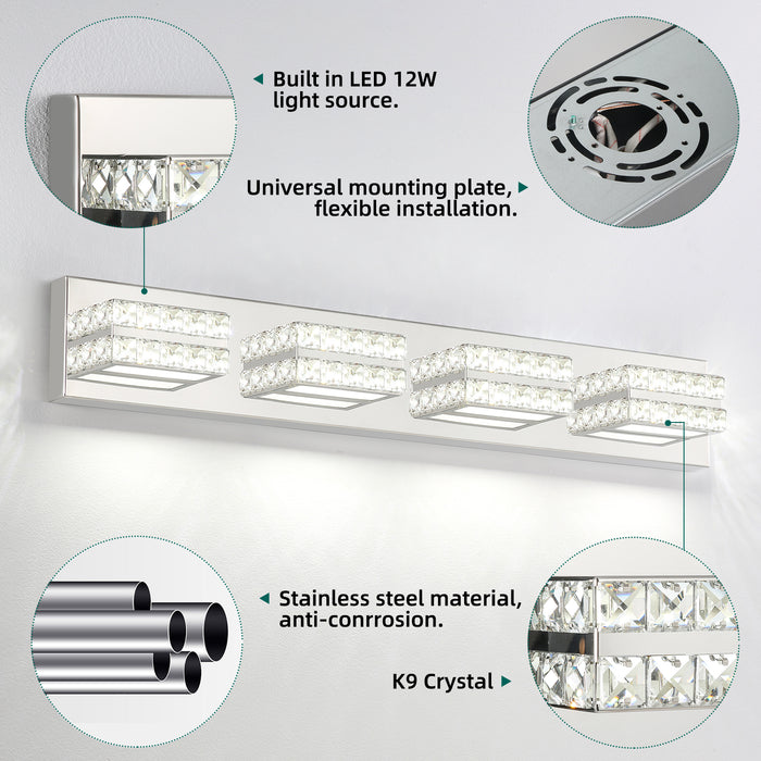 Bathroom Crystal Vanity Light Fixture LED Modern Indoor Mirror Front Lamp Dimmable 4-Lights