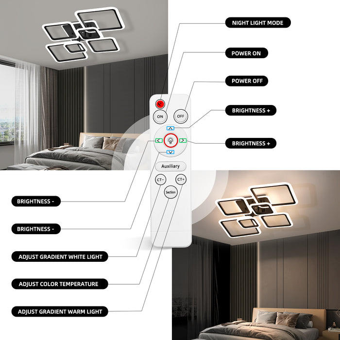 Modern Ceiling Light LED Dimmable Acrylic Square 6+1 Rings with Remote