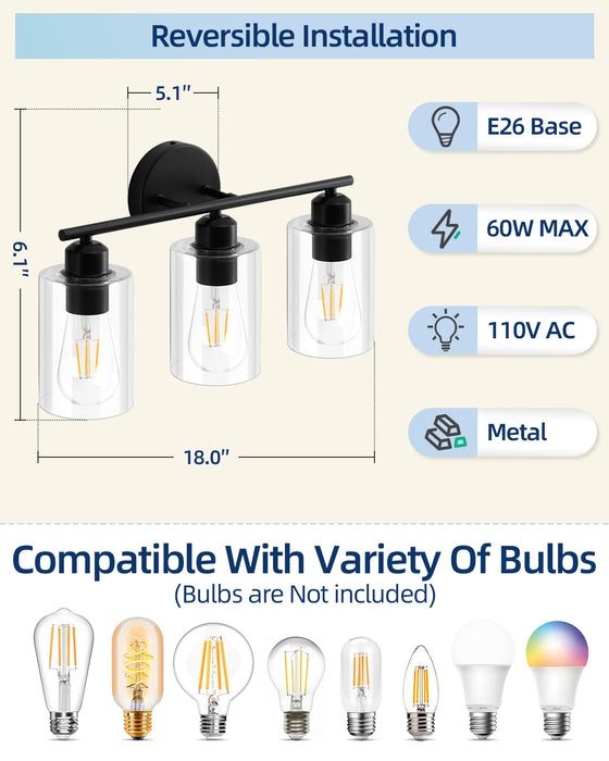 Black Bathroom Vanity Lights with Clear Glass Shade Wall Lighting
