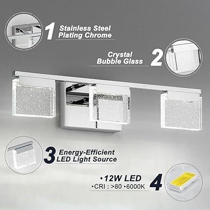 Dimmable Bathroom Vanity Light Fixtures 3-Light Chrome Bubble Crystal Stainless Steel.