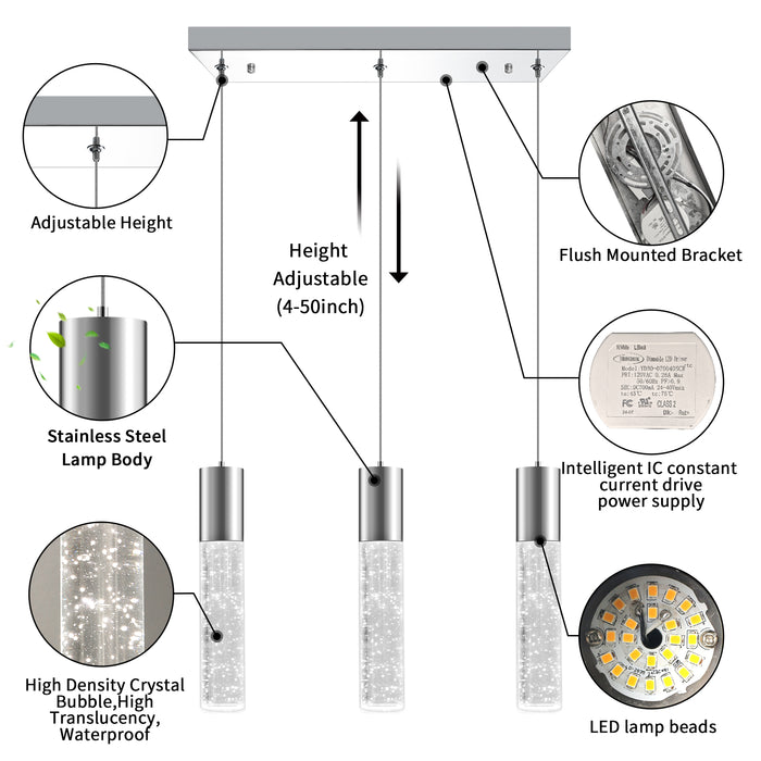 Dimmable LED Pendant Light Modern 3-Light Bubble Crystal 6000K 18W 1350LM Electro-Chrome Square
