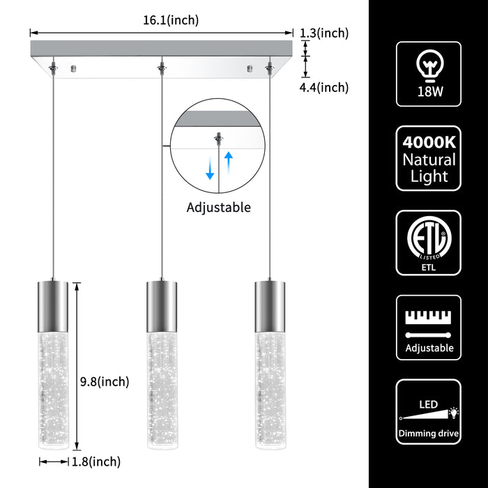 Dimmable LED Pendant Light Modern 3-Light Bubble Crystal 6000K 18W 1350LM Electro-Chrome Square