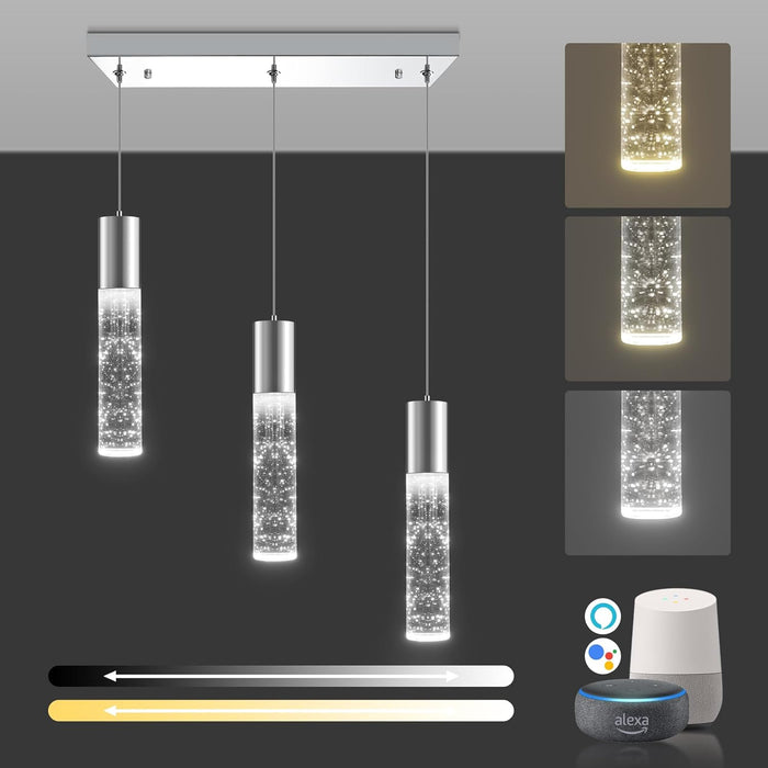 Dimmable LED Pendant Light Modern 3-Light Bubble Crystal 6000K 18W 1350LM Electro-Chrome Square