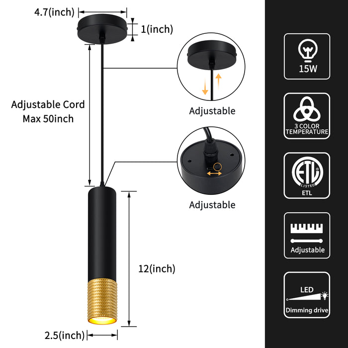 LED Pendant Light Black and Glod Fixtures for Kitchen Island and Bar 3 Color 2700K-6000K ETL