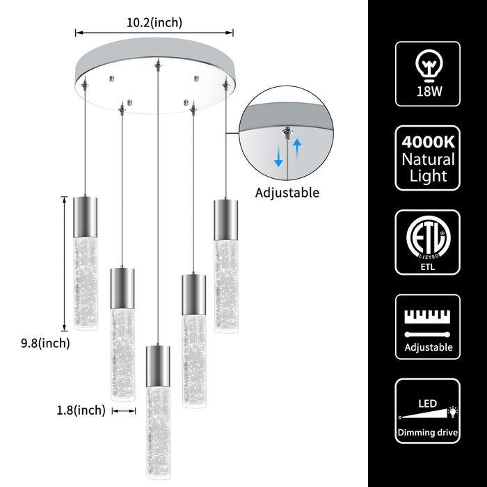 Bubble Crystal Island Pendant Light Round 5-Light Fixture Adjustable