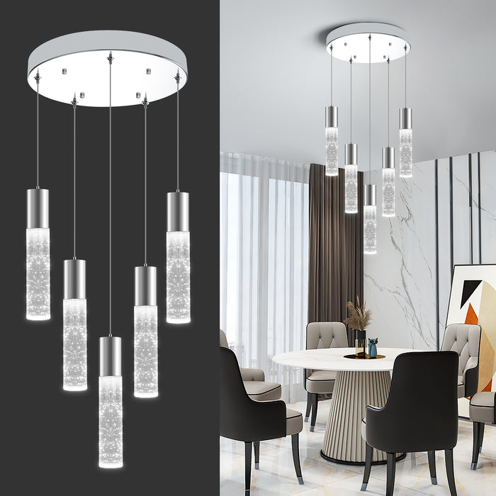 Bubble Crystal Island Pendant Light Round 5-Light Fixture Adjustable