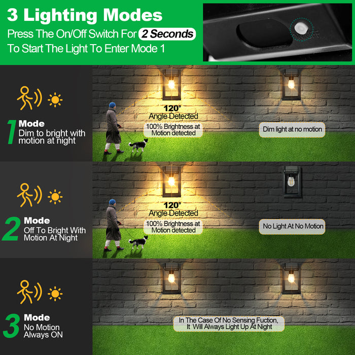 Solar Porch Lights Outdoor Dusk to Dawn Motion Sensor Wall Lanterns 2 Pack